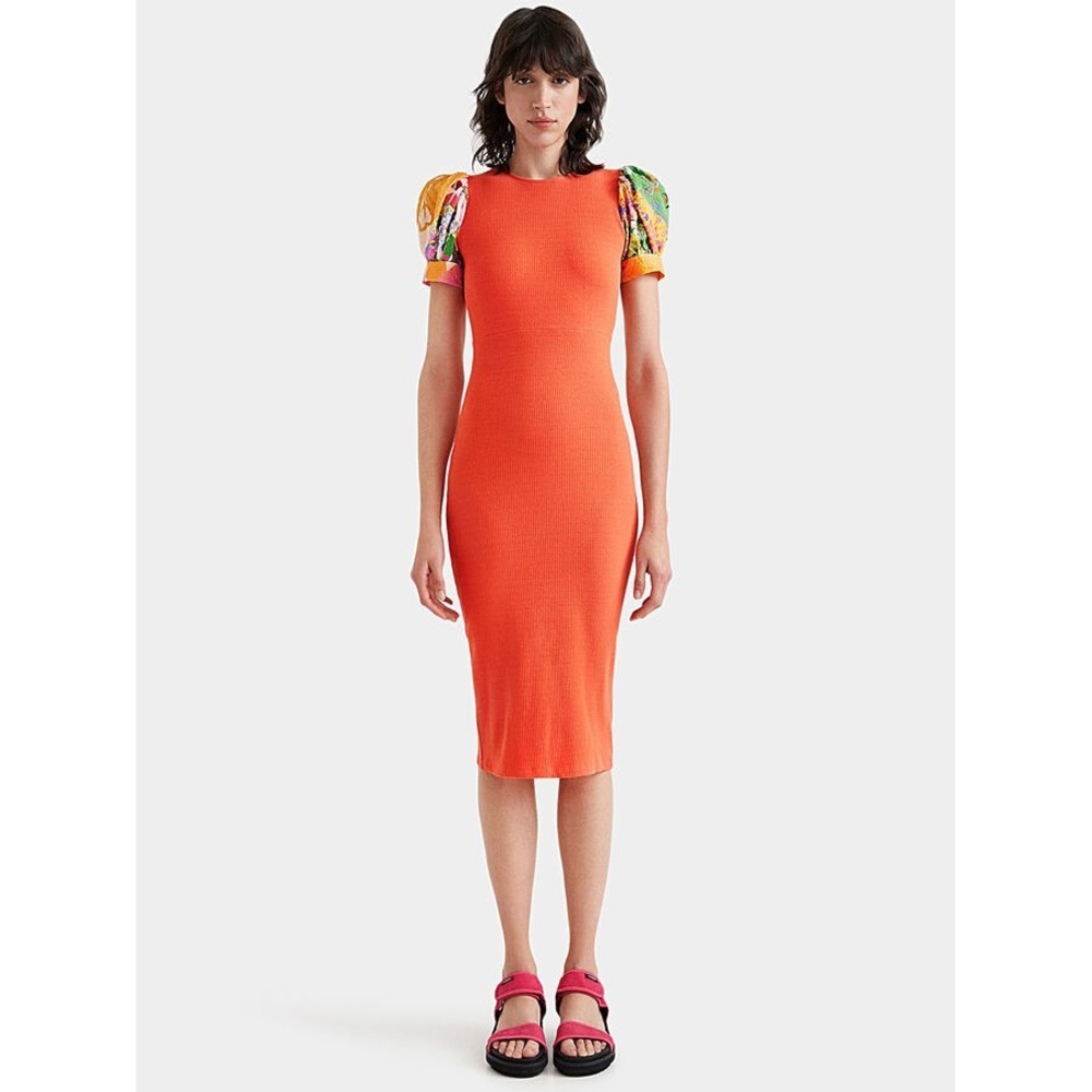 Desigual Ribbed Midi Dress Small Euro Open Back Puff‎ Sleeve Statement Boho